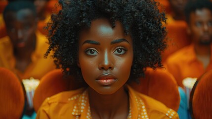 Fototapeta premium A woman with natural curls and a focused expression looks intently ahead, dressed in an orange outfit, amidst a sea of similar tones, presenting an engrossing appearance.