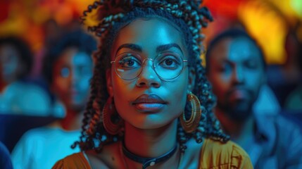 A woman wearing glasses and vibrant earrings sits in a colorful theater setting, surrounded by people, projecting a sense of attentiveness and intellectual curiosity.