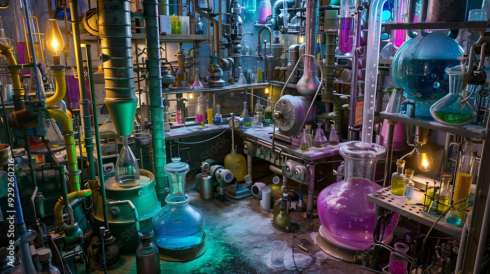 Poster an elaborate laboratory scene with scientists conducting complex experiments