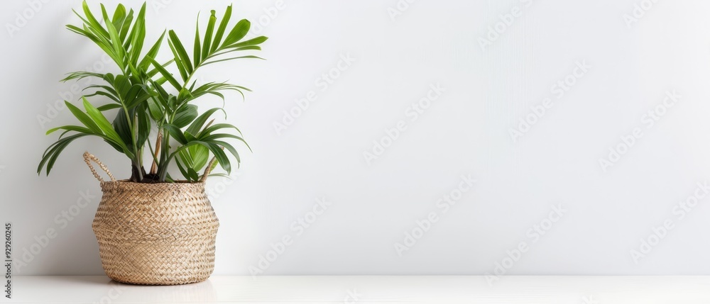 Canvas Prints a close-up of a plant in a basket on a table against a white wall background