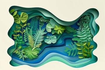 Abstract paper art of a winding river with lush greenery and vibrant colors