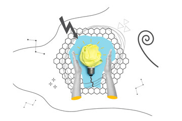 Collage de dos manos en semitono que sostiene una bombilla junto a elementos geométricos sobre un...