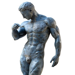 A muscular blue statue of a male figure flexing his arm in a standing pose with a thoughtful expression on a transparent background. Generative AI