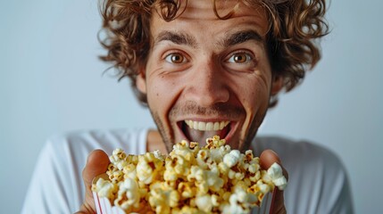 A highly excited man happily holding a tub of popcorn, eagerly ready for movie-time, his wide smile and bright eyes reflecting the joy and anticipation for the upcoming film.