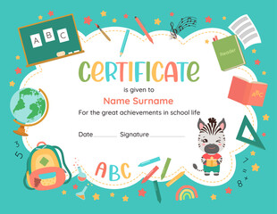 Cute certificate design template for elementary school. Back to school playful frame background. Children vector illustration of school supplies. Vibrant colors, fun character, child-friendly design.