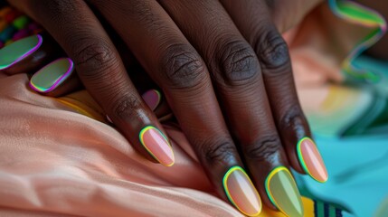 Obraz premium A beautifully manicured hand with vibrant nail art rests elegantly on bright fabric with intricate patterns