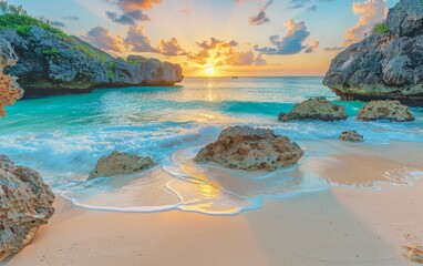 Pristine beach with soft waves gently lapping the shore, framed by distant mountains under a vibrant blue sky. Ideal for travel and nature-themed design