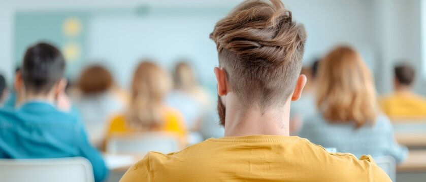  A woman with her back to the viewer is seated at a desk, facing a gathering of people