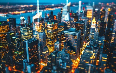 Aerial view of a vibrant cityscape at night with illuminated skyscrapers and streets, creating a bustling urban atmosphere. Perfect for city life and night-time themes.