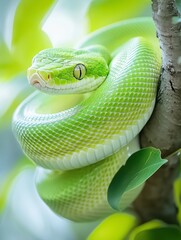 Fototapeta premium Green snake coiled on tree branch in vibrant foliage, close-up