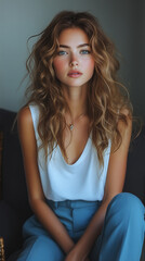 Naklejka premium Young woman with curly hair in white top and blue pants, calm expression
