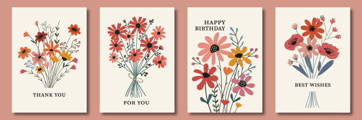 A charming set of cards with bouquets of flowers in a minimalist style. Each card has a simple and heartfelt message: “Thank you,” “For you,” “Happy Birthday,” and “Best Wishes.” Covers for design.