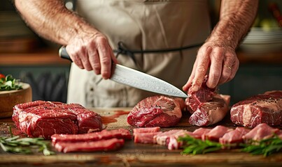 Man in Apron Preparing Meat: Cutting Beef and Lamb with Knife