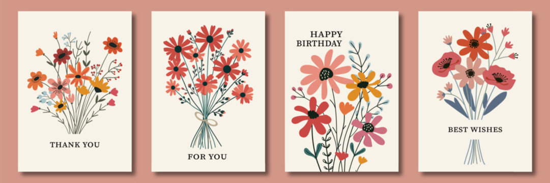 A charming set of cards with bouquets of flowers in a minimalist style. Each card has a simple and heartfelt message: “Thank you,” “For you,” “Happy Birthday,” and “Best Wishes.” Covers for design.