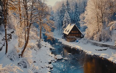 Cozy wooden cabin nestled in snow-covered mountains, capturing the essence of a peaceful winter retreat. Perfect for holiday and winter-themed content.
