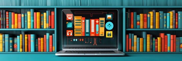 Digital Library Concept Laptop Displaying Virtual Bookshelf in Bookshelves, 3D Render