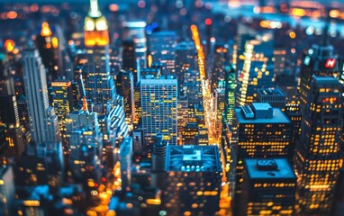 Obraz premium Aerial view of a vibrant cityscape at night with illuminated skyscrapers and streets, creating a bustling urban atmosphere. Perfect for city life and night-time themes.