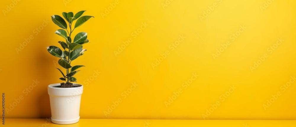 Canvas Prints  A potted plant atop a yellow table, next to a white vase holding a green plant