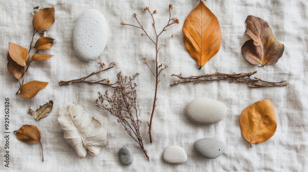Poster an artistic display of various stones and dried leaves laid out symmetrically on a soft, neutral fab