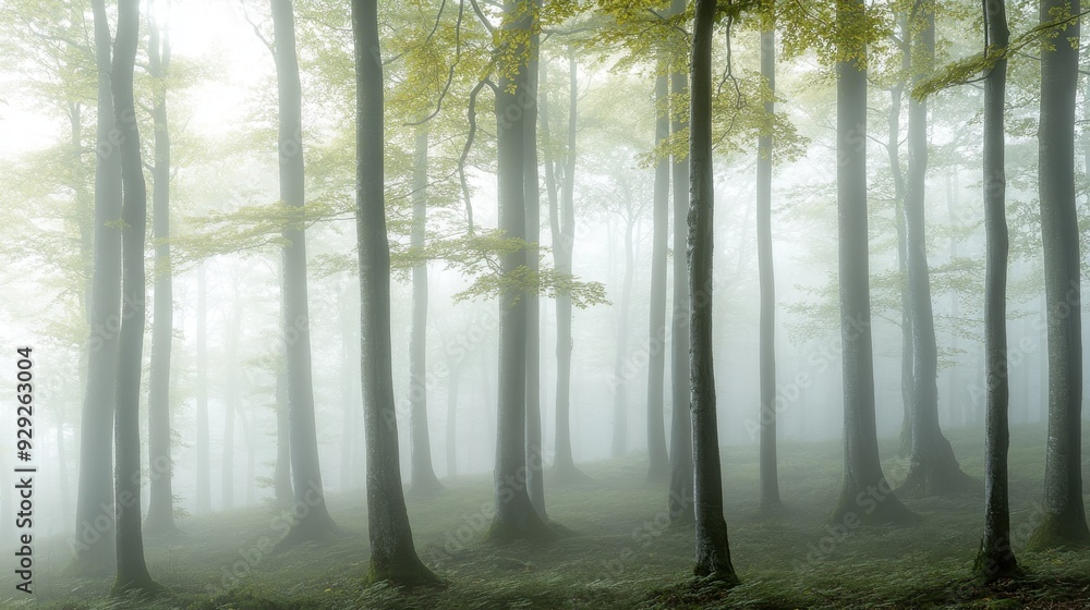 Poster a misty forest scene with tall trees and soft light filtering through the fog.