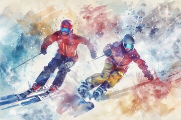 Winter Fun on Mountain Slopes. Watercolor Illustration of Snowboarder and Skier in Action