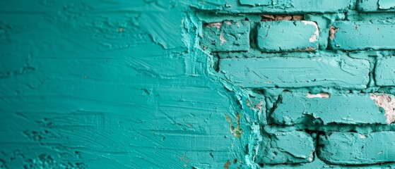  A tight shot of a brick wall displaying chipped areas with green paint and peeling paint The paint chippings detach from the wall's surface