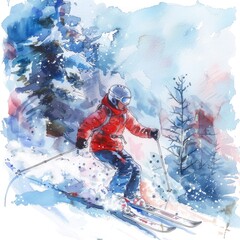 Winter Mountain Adventure: Hand-Painted Skiing Fun in Snowy Resort