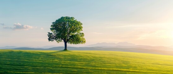  A solitary tree stands in the expansive grassy field, framed by a distant mountain range