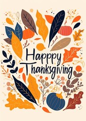 Naklejka premium Happy Thanksgiving text with autumn leaves and pumpkins on a festive background