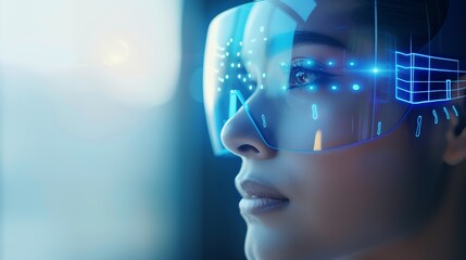 A futuristic woman wearing advanced augmented reality glasses, focusing on digital data.