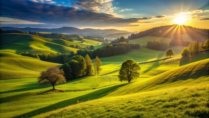 Warm golden sunlight illuminates rolling hills of lush green grass, casting long shadows and creating a serene natural landscape on a tranquil summer day.