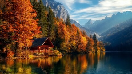 Fototapeta premium Tranquil autumn landscape with misty mountains reflected in a still lake. Perfect for nature and seasonal imagery.