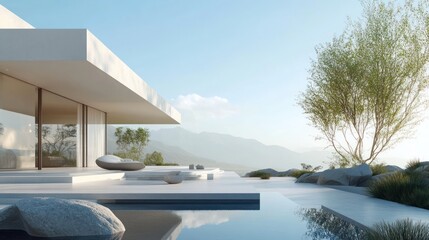 Fototapeta premium Minimalist Modern House with a Pool and Mountain Views
