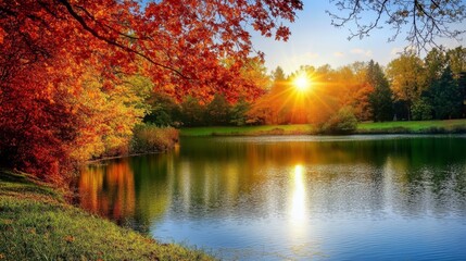 Obraz premium Bright autumn trees reflecting in a calm lake on a sunny day. Ideal for nature and landscape designs.