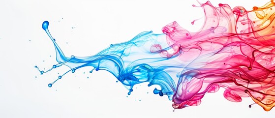 Fototapeta premium Multicolored liquid suspends in air against a white backdrop; blue water drop hovering in foreground