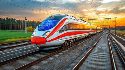 Fototapeta premium A red and white train travels down the train tracks next to a lush green field beneath a blue-white cloudy sky