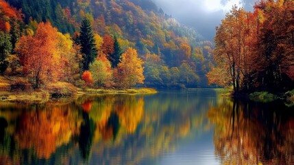 Autumn leaves on a lakeside with vibrant red and orange tones reflecting in the water. Perfect for fall and nature imagery.
