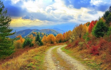 Mountain trail surrounded by colorful autumn trees under a dramatic sky. Perfect for outdoor adventure and nature exploration themes