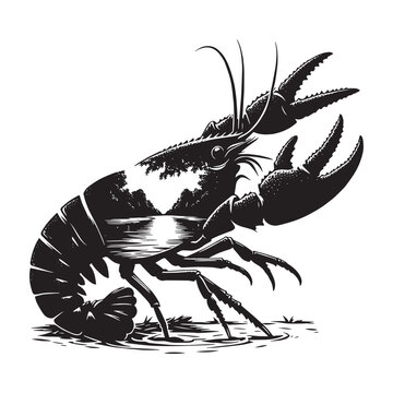 recommend clip art: silhouette of Crayfish filled with river view in rough drawing