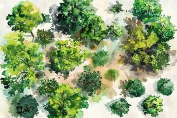 Aerial View Watercolor Illustration of Landscape Design with Garden Plants Set