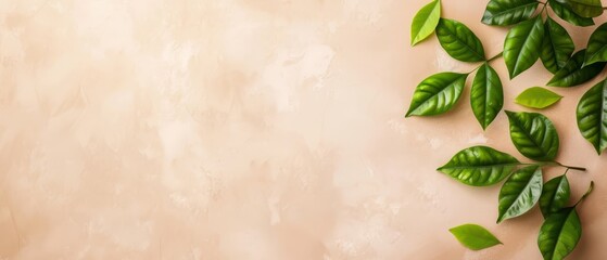  A beige surface topped with a cluster of green leaves Space available for text or image insertion