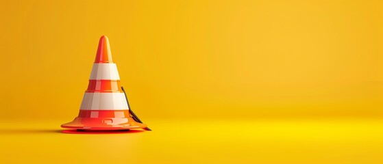  A traffic cone in orange and white rests atop a yellow table Nearby, a white and black object is situated against a yellow backdrop