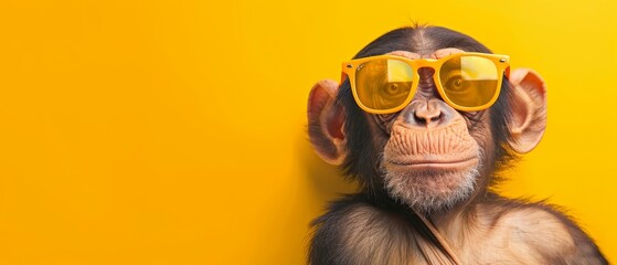  A chimpanzee wearing sunglasses gazes seriously into the camera
