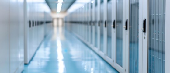 Fototapeta premium A long hallway is lined with white doors and a solitary light illuminates its end