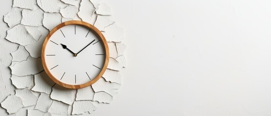  A clock affixed to the wall with a nearby crack and a hole behind it
