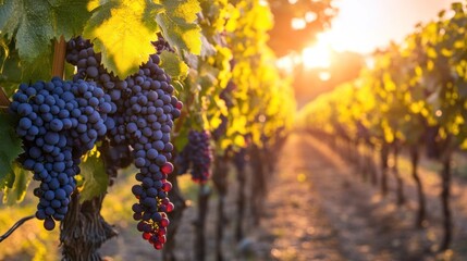 Sunset Vineyard with Lush Grape Bunches on the Vine, Bathed in Warm, Radiant Light, Perfect for Harvest.
