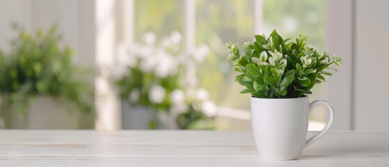  A tight shot of a cup atop a table, nearby rests a plant Before them, a window reveals an indistinct outdoor scene