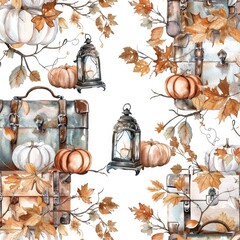 Autumn Harvest Watercolor Pattern with Pumpkin, Lantern, and Fall Leaves