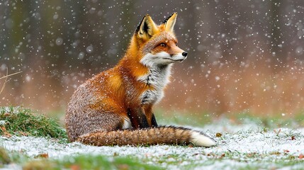   Red fox on green field in snow, grass & trees in bg