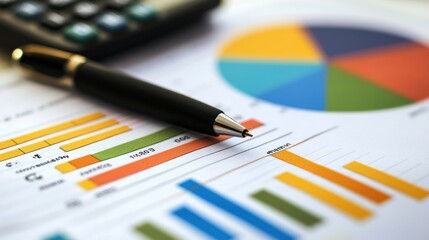 Detailed Financial Report with Colorful Graphs, Orange Pen, and a Calculator on a Desk for Business Analysis
